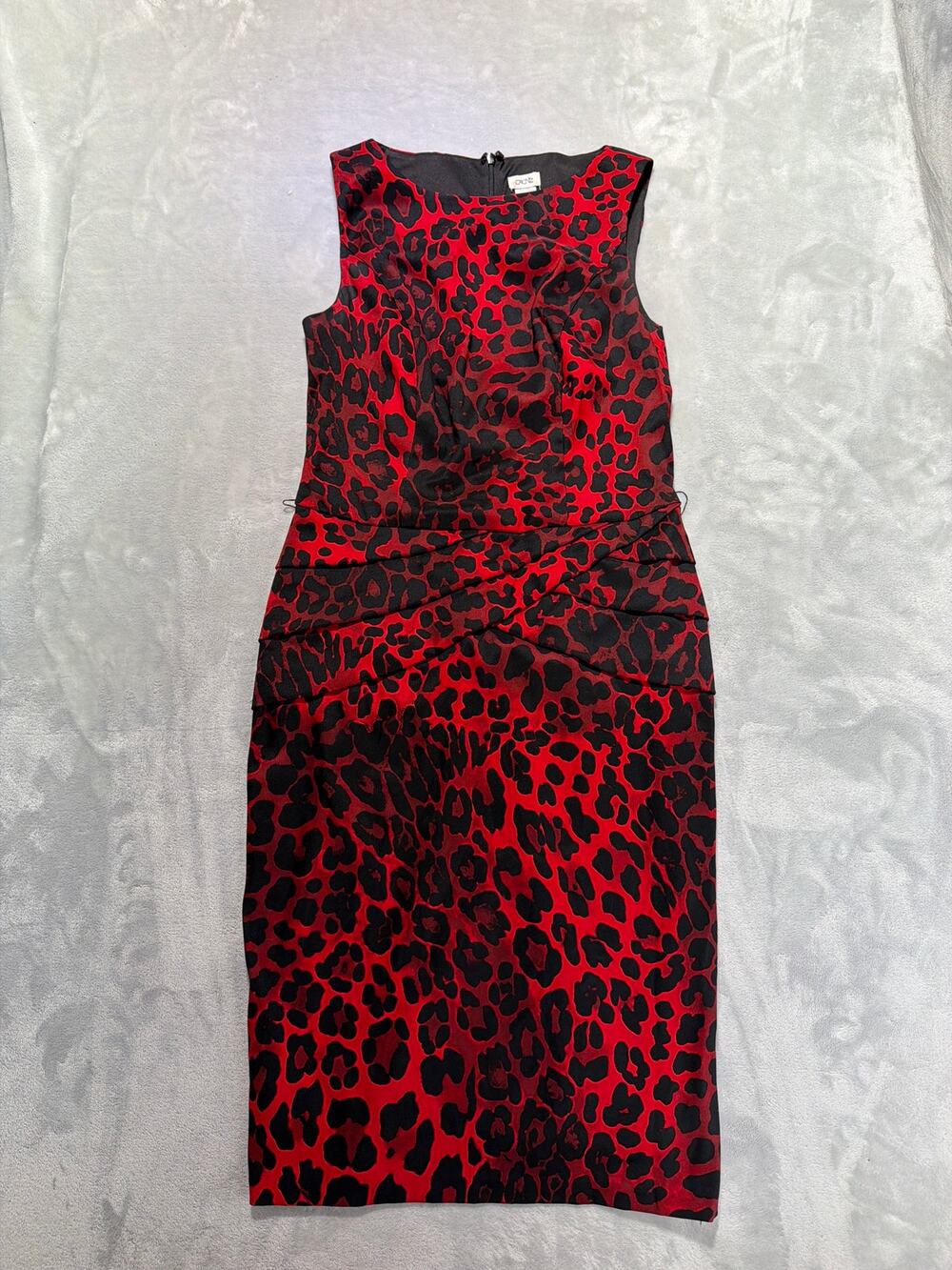 Cache Sheath Dress Red Black Leopard Print Sleeveless Pleated Waist Womens 4 Y2K